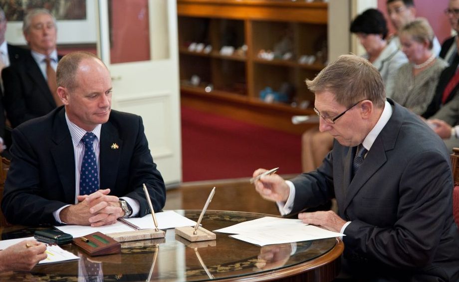Bruce Flegg at the swearing in of Cabinet Ministers with Premier Campbell Newman. Bruce Flegg at the swearing in of Cabinet Ministers with Premier Campbell Newman.