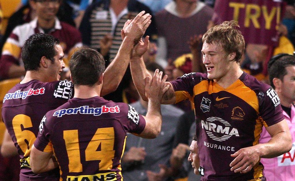 Aaron Whitchurch of the Broncos celebrates scoring a try during the round 17 NRL match between the Brisbane Broncos and the Cronulla Sharks at Suncorp Stadium on June 29, 2012 in Brisbane, Australia. Aaron Whitchurch of the Broncos celebrates scoring a try during the round 17 NRL match between the Brisbane Broncos and the Cronulla Sharks at Suncorp Stadium on June 29, 2012 in Brisbane, Australia.