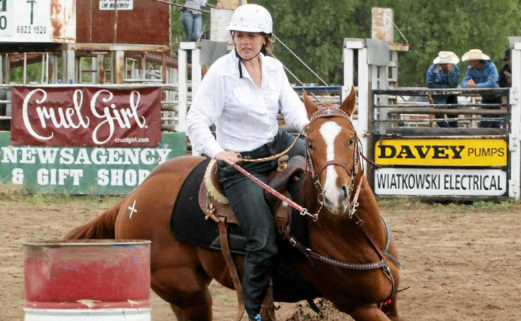 Meg Stewart competes in the barrel racing at the Australian Student Rodeo Competition. Meg Stewart competes in the barrel racing at the Australian Student Rodeo Competition.