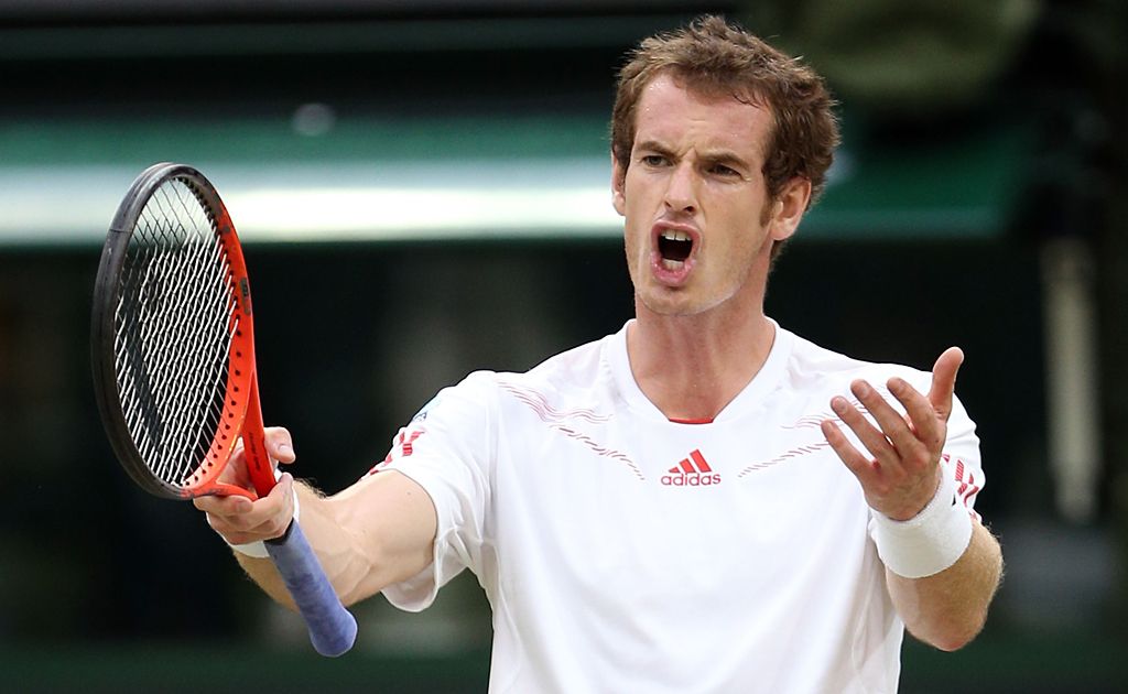 Andy Murray of Great Britain reacts during his Singles final match against Roger Federer of Switzerland on day 13 of the Wimbledon Lawn Tennis Championships at the All England Lawn Tennis and Croquet Club on July 8, 2012 in London, England. Andy Murray of Great Britain reacts during his Singles final match against Roger Federer of Switzerland on day 13 of the Wimbledon Lawn Tennis Championships at the All England Lawn Tennis and Croquet Club on July 8, 2012 in London, England.