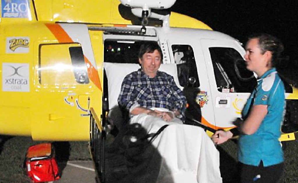 The RACQ Capricorn Helicopter Rescue Service team flew out a man who accidentally stabbed himself while pigging. The RACQ Capricorn Helicopter Rescue Service team flew out a man who accidentally stabbed himself while pigging.