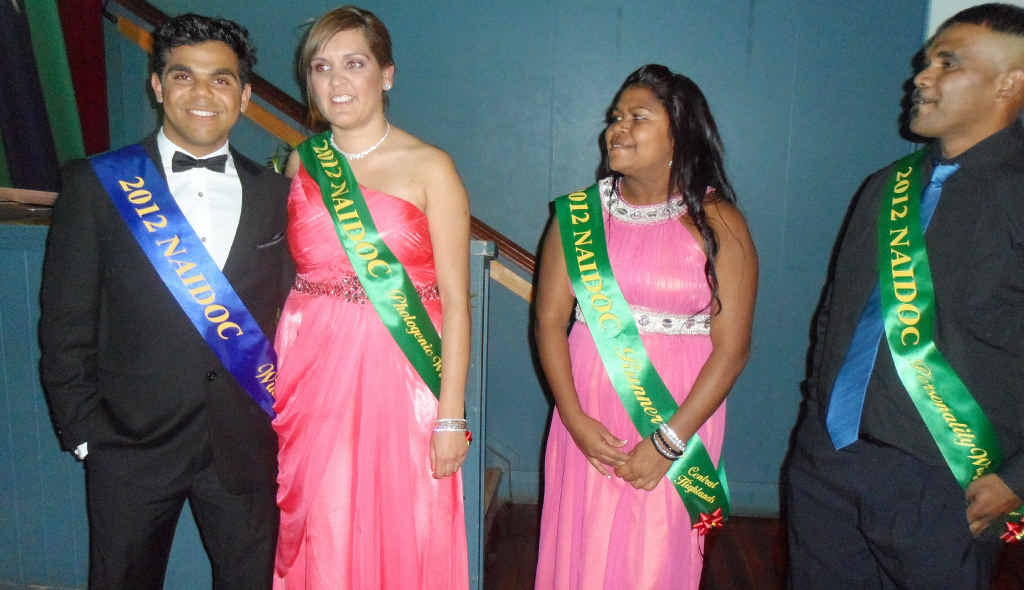 Overall winner Mr NAIDOC Jesse Goodsall, Miss Photogenic Samantha Graham, Miss Runner Up Effie Saunders and Mr Personality Nathan McAvoy make an impression. Overall winner Mr NAIDOC Jesse Goodsall, Miss Photogenic Samantha Graham, Miss Runner Up Effie Saunders and Mr Personality Nathan McAvoy make an impression.