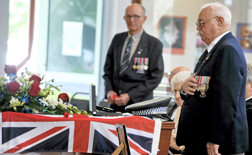 Returned servicemen placed poppies on the coffin at the funeral of Keith Henry Barry OAM at St Mary’s Anglican Church Ballina. Returned servicemen placed poppies on the coffin at the funeral of Keith Henry Barry OAM at St Mary’s Anglican Church Ballina.