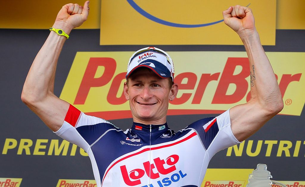 Andre Greipel of Germany riding for Lotto-Belisol takes the podium after winning stage thirteen of the 2012 Tour de France from Saint-Paul-Trois-Chateaux to Le Cap d'Agde Andre Greipel of Germany riding for Lotto-Belisol takes the podium after winning stage thirteen of the 2012 Tour de France from Saint-Paul-Trois-Chateaux to Le Cap d'Agde
