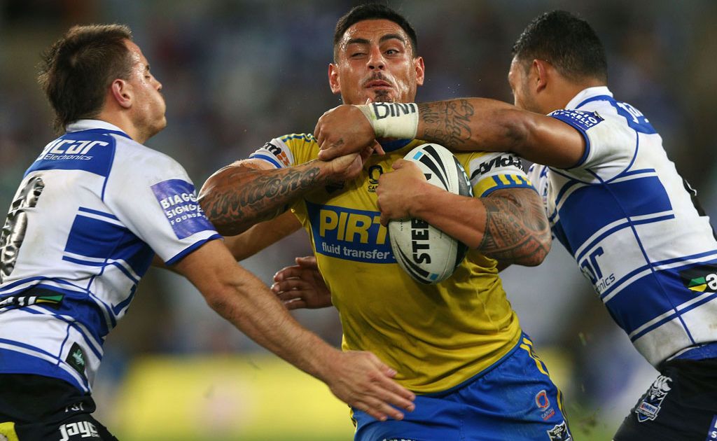 Reni Maitua of the Eels is tackled during the NRL Round 19 game between the Canterbury Bankstown Bulldogs and Parramatta Eels at ANZ Stadium Reni Maitua of the Eels is tackled during the NRL Round 19 game between the Canterbury Bankstown Bulldogs and Parramatta Eels at ANZ Stadium