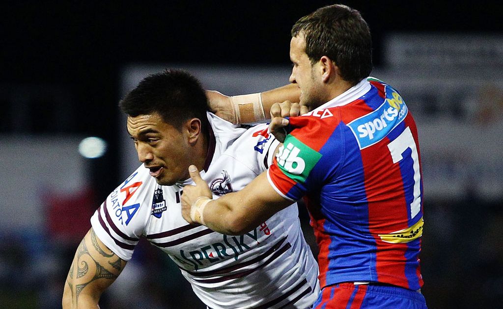 Dean Whare of the Sea Eagles is tackled by Tyrone Roberts of the Knights during the round 19 NRL match between the Newcastle Knights and the Manly Warringah Sea Eagle Dean Whare of the Sea Eagles is tackled by Tyrone Roberts of the Knights during the round 19 NRL match between the Newcastle Knights and the Manly Warringah Sea Eagle