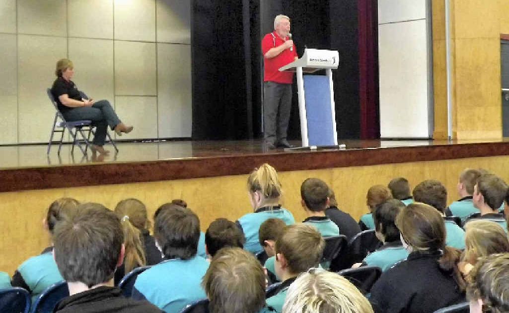 Denise and Bruce Morcombe address Year 8 students. Denise and Bruce Morcombe address Year 8 students.