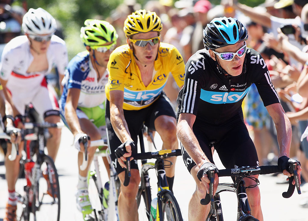 Bradley Wiggins on route to retaining the yellow jersey during stage 16 of the 2012 Tour de France. Bradley Wiggins on route to retaining the yellow jersey during stage 16 of the 2012 Tour de France.