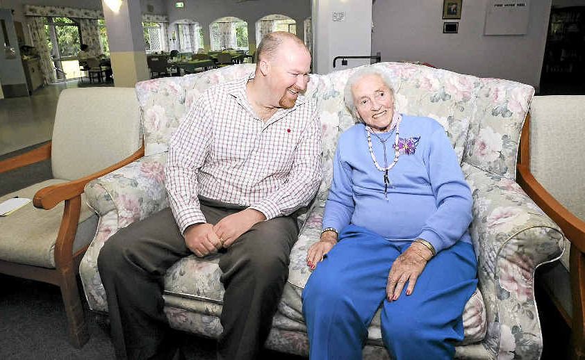 Staff from National Australia Bank in Lismore visit residents of Ozanam Villa Hostel as part of the Corporate Volunteering scheme. Pictured are National Australia Bank Lismore branch manager Joseph Newton and Ozanam Villa resident Ena Jones. Staff from National Australia Bank in Lismore visit residents of Ozanam Villa Hostel as part of the Corporate Volunteering scheme. Pictured are National Australia Bank Lismore branch manager Joseph Newton and Ozanam Villa resident Ena Jones.