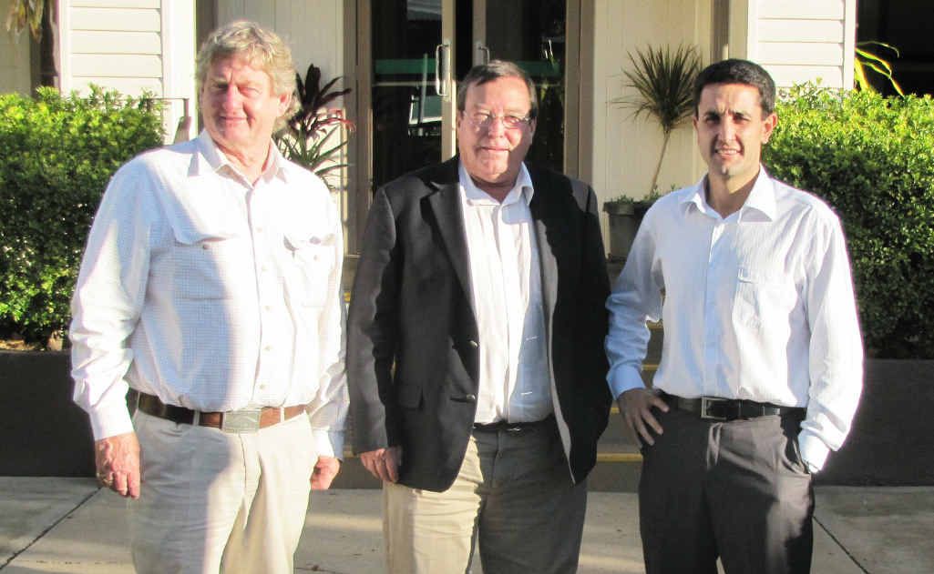 Member for Gregory Vaughan Johnson, Barcaldine Mayor Rob Chandler and Local Government Minister David Crisafulli put their heads together in Barcaldine. Member for Gregory Vaughan Johnson, Barcaldine Mayor Rob Chandler and Local Government Minister David Crisafulli put their heads together in Barcaldine.