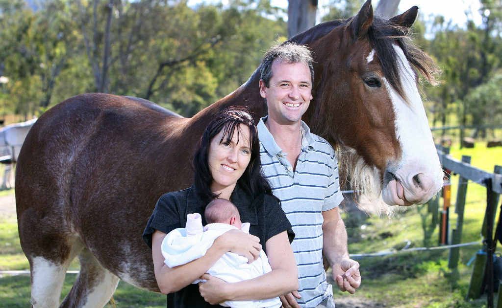 Anita and Toby Barton with their new baby Alexis and Clydesdale Eucalypt Park Chieftain. Anita and Toby Barton with their new baby Alexis and Clydesdale Eucalypt Park Chieftain.