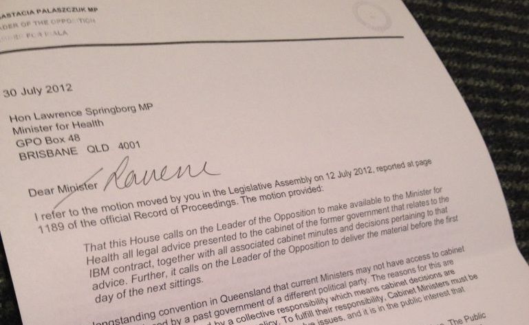 Opposition leader Annastacia Palaszczuk makes unprecedented move to hand Cabinet documents over to Health Minister Lawrence Springborg. Opposition leader Annastacia Palaszczuk makes unprecedented move to hand Cabinet documents over to Health Minister Lawrence Springborg.