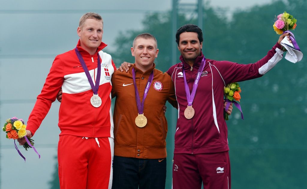 Vincent Hancock of the United States (middle) has won gold in the men's skeet.
Vincent Hancock of the United States (middle) has won gold in the men's skeet.