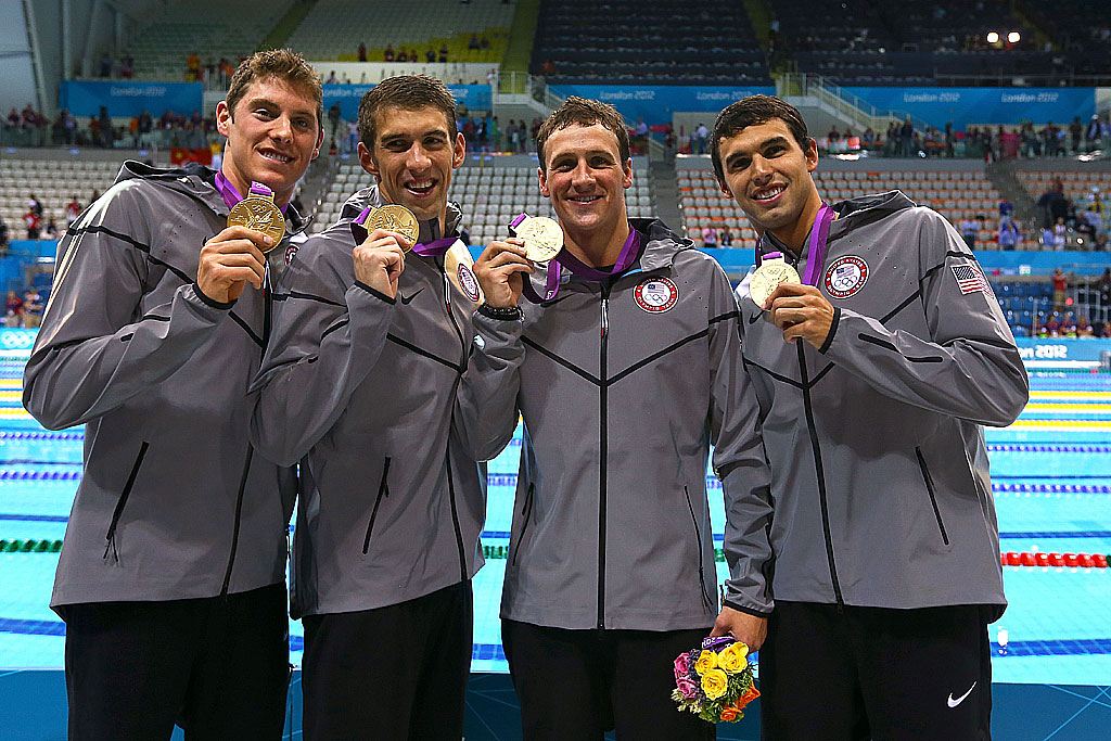 (L-R) Gold Medallists , Conor Dwyer, Michael Phelps, Ryan Lochte and Ricky Berens of the United States pose with the medals won the Men's 4 x 200m Freestyle Relay final on Day 4 of the London 2012 Olympic Games at the Aquatics Centre on July 31, 2012 in London, England. (L-R) Gold Medallists , Conor Dwyer, Michael Phelps, Ryan Lochte and Ricky Berens of the United States pose with the medals won the Men's 4 x 200m Freestyle Relay final on Day 4 of the London 2012 Olympic Games at the Aquatics Centre on July 31, 2012 in London, England.