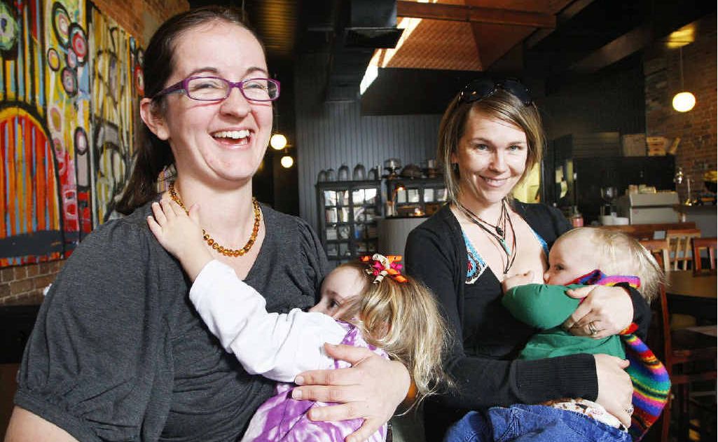 Ipswich mums attempt to break the breastfeeding world record at fourthchild. Pictured from left, Rachel Ballard with her daughter Kendra, 2, and Leonie Lammond with her son Luka, 16 months. Ipswich mums attempt to break the breastfeeding world record at fourthchild. Pictured from left, Rachel Ballard with her daughter Kendra, 2, and Leonie Lammond with her son Luka, 16 months.