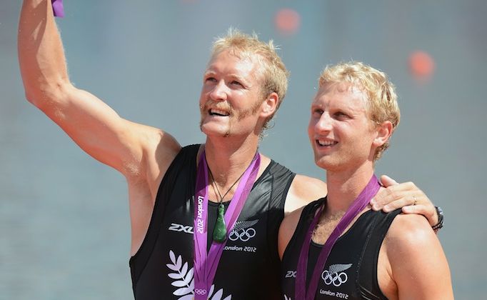 Eric Murray and Hamish Bond celebrate winning gold. Eric Murray and Hamish Bond celebrate winning gold.