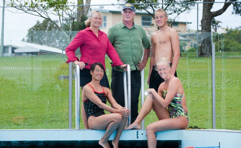 Woolgoolga Pool ,SWIMMING legend, Shane Gould, with husband and coach Milt Nelms and swimmers Michael Havenar (back); Noriko Inada and Dana Vollmer (right) Photo: Trevor Veale / The Coffs Coast Advocate Woolgoolga Pool ,SWIMMING legend, Shane Gould, with husband and coach Milt Nelms and swimmers Michael Havenar (back); Noriko Inada and Dana Vollmer (right) Photo: Trevor Veale / The Coffs Coast Advocate