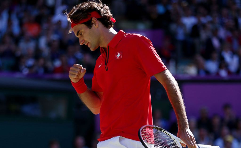 Roger Federer of Switzerland celebrates a point against Juan Martin Del Potro of Argentina in the Semifinal of Men's Singles Tennis on Day 7 of the London 2012 Olympic Games at Wimbledon on August 3, 2012 in London, England. Federer defeated Del Potro 4-6, 7-6, 19-17. Roger Federer of Switzerland celebrates a point against Juan Martin Del Potro of Argentina in the Semifinal of Men's Singles Tennis on Day 7 of the London 2012 Olympic Games at Wimbledon on August 3, 2012 in London, England. Federer defeated Del Potro 4-6, 7-6, 19-17.