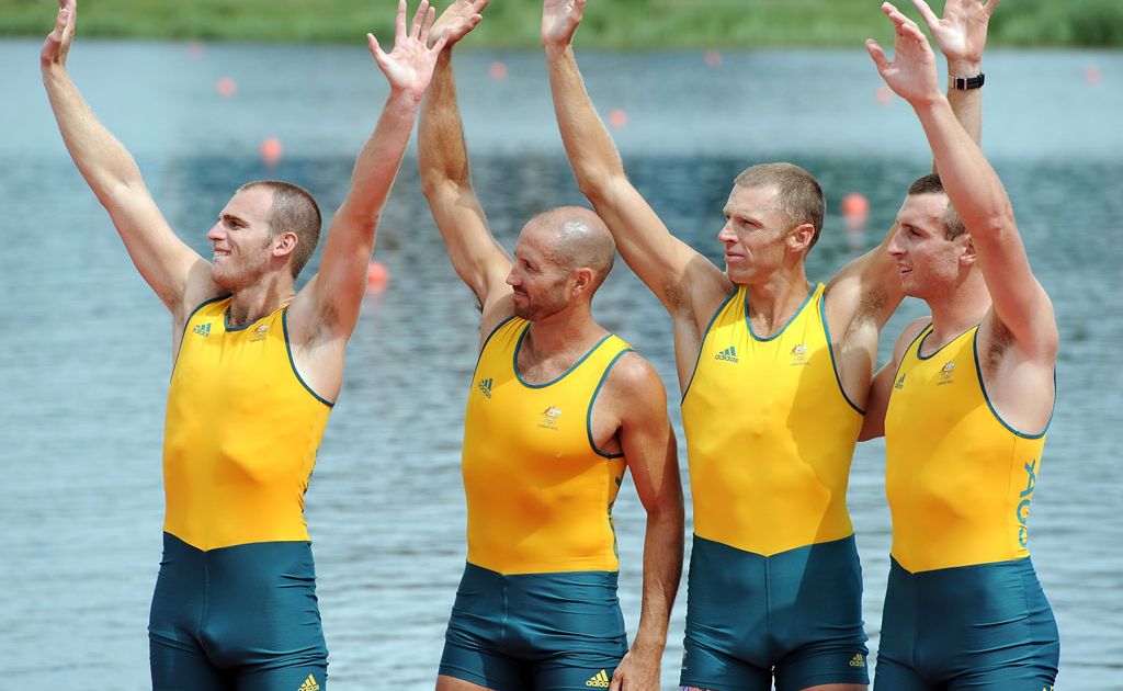William Lockwood, James Chapman, Drew Ginn and Joshua Dunkley-Smith of Australia celebrate before receiving their silver medals during the medal ceremony for the Men's Four Final on Day 8 of the London 2012 Olympic Games William Lockwood, James Chapman, Drew Ginn and Joshua Dunkley-Smith of Australia celebrate before receiving their silver medals during the medal ceremony for the Men's Four Final on Day 8 of the London 2012 Olympic Games