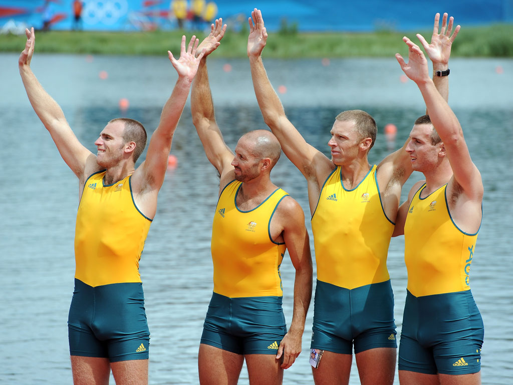 William Lockwood, James Chapman, Drew Ginn and Joshua Dunkley-Smith of Australia celebrate before receiving their silver medals during the medal ceremony for the Men's Four Final on Day 8 of the London 2012 Olympic Games William Lockwood, James Chapman, Drew Ginn and Joshua Dunkley-Smith of Australia celebrate before receiving their silver medals during the medal ceremony for the Men's Four Final on Day 8 of the London 2012 Olympic Games