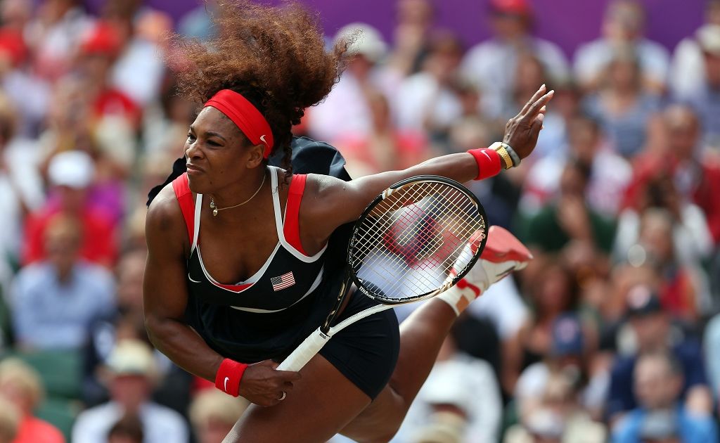 Serena Williams of the United States serves against Maria Sharapova of Russia during the gold medal match of the Women's Singles Tennis on Day 8 of the London 2012 Olympic Games. Serena Williams of the United States serves against Maria Sharapova of Russia during the gold medal match of the Women's Singles Tennis on Day 8 of the London 2012 Olympic Games.