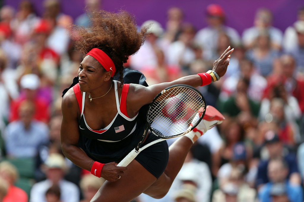 Serena Williams of the United States serves against Maria Sharapova of Russia during the gold medal match of the Women's Singles Tennis on Day 8 of the London 2012 Olympic Games. Serena Williams of the United States serves against Maria Sharapova of Russia during the gold medal match of the Women's Singles Tennis on Day 8 of the London 2012 Olympic Games.