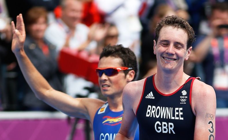 Alistair Brownlee leads home Spaniard Javier Gomez in the men's triathlon. Alistair Brownlee leads home Spaniard Javier Gomez in the men's triathlon.