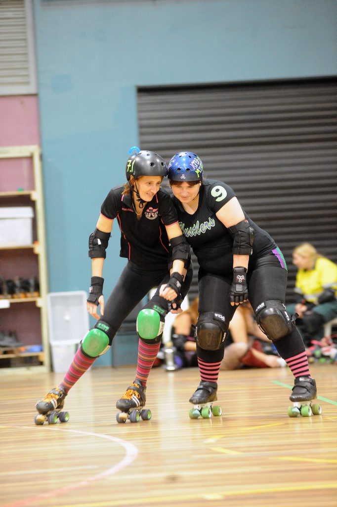 Harbour City Hustlers train ahead of Saturday's Roller Derby. Vonasdeass and Kitty Meow getting physical. Harbour City Hustlers train ahead of Saturday's Roller Derby. Vonasdeass and Kitty Meow getting physical.