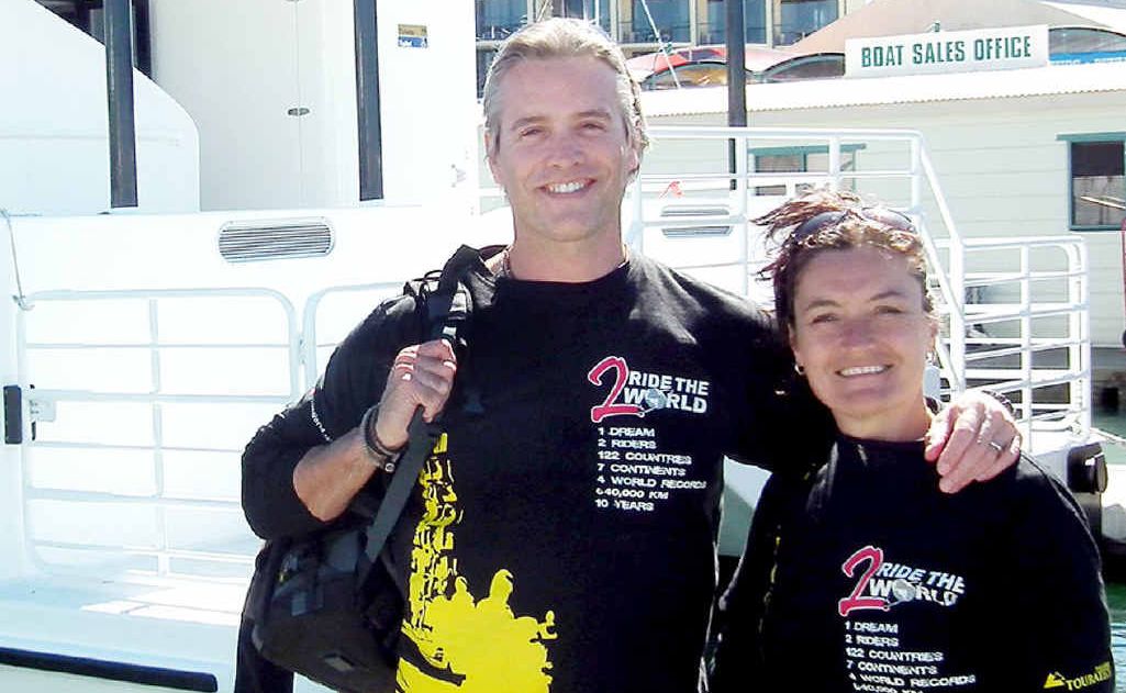 Simon and Lisa Thomas, stopping in Hervey Bay on their 400,000km motorbike ride to see the whales. Simon and Lisa Thomas, stopping in Hervey Bay on their 400,000km motorbike ride to see the whales.