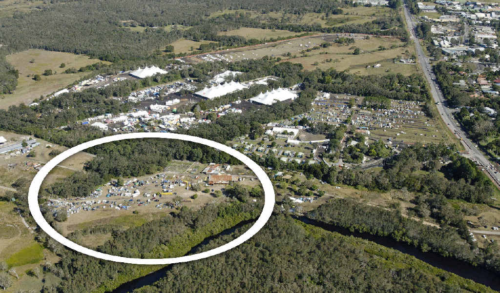 The circle shows the area next to Splendour In The Grass that police and council claim was used illegally for camping during Splendour. The circle shows the area next to Splendour In The Grass that police and council claim was used illegally for camping during Splendour.