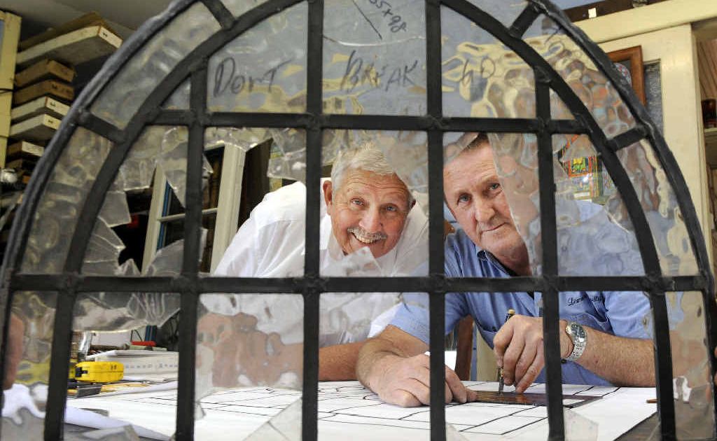 Lismore Rotary Club secretary Brian Wheatley with stained-glass craftsman Greg Gallpen. Lismore Rotary Club secretary Brian Wheatley with stained-glass craftsman Greg Gallpen.