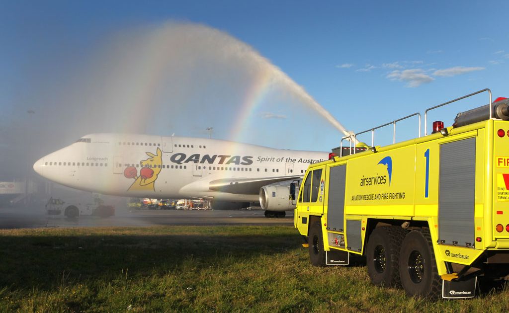 Two of Airservices Aviation Rescue and Fire Fighting Rosenbauer Mk8s at Sydney Airport perform a water arch salute to the Australian Olympic team on their arrival home from the London 2012 Olympics. Two of Airservices Aviation Rescue and Fire Fighting Rosenbauer Mk8s at Sydney Airport perform a water arch salute to the Australian Olympic team on their arrival home from the London 2012 Olympics.