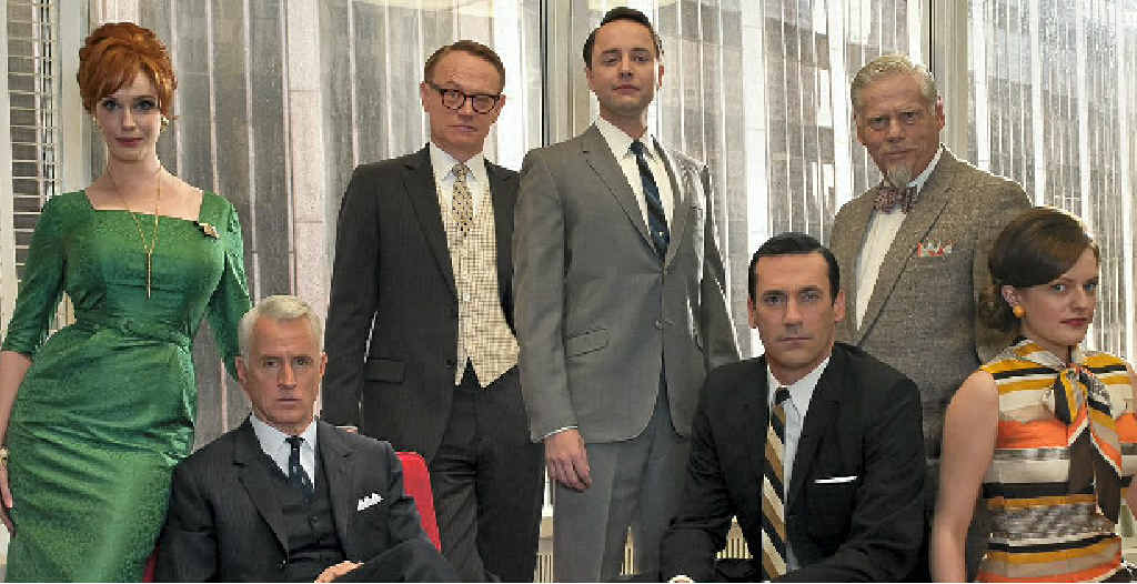 1950s fashion is cool again thanks to the popular television show Mad Men. Pictured are stars (from left) Christina Hendricks, John Slattery, Jared Harris, Vincent Kartheiser, Jon Hamm, Robert Morse and Elisabeth Moss. 1950s fashion is cool again thanks to the popular television show Mad Men. Pictured are stars (from left) Christina Hendricks, John Slattery, Jared Harris, Vincent Kartheiser, Jon Hamm, Robert Morse and Elisabeth Moss.