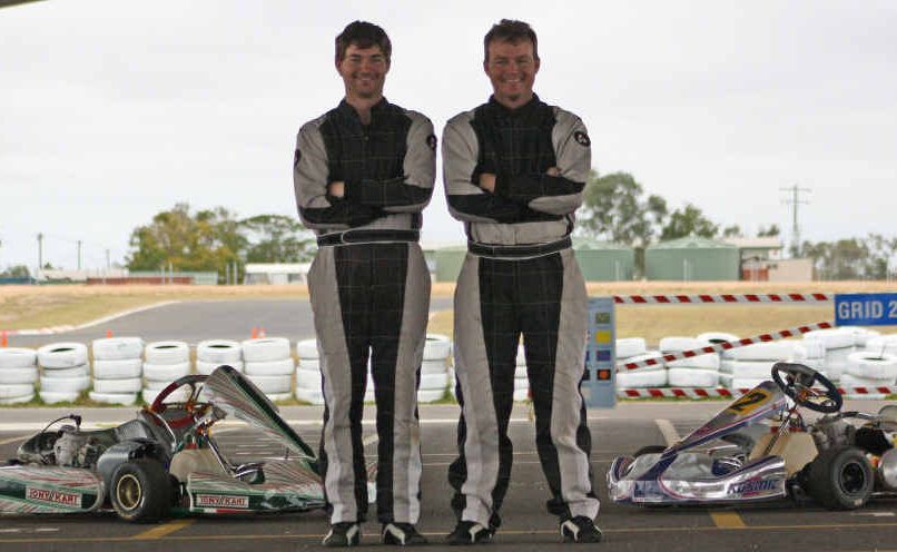 Emerald KZ-2 competitors Ben Finch and Murray Herwin tower over their karts. Emerald KZ-2 competitors Ben Finch and Murray Herwin tower over their karts.