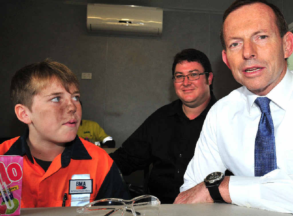 Joshua Howlett, a 15-year-old work experience student, meets Federal Opposition Leader Tony Abbott and Member for Mackay George Christensen at GDH Engineering yesterday.
