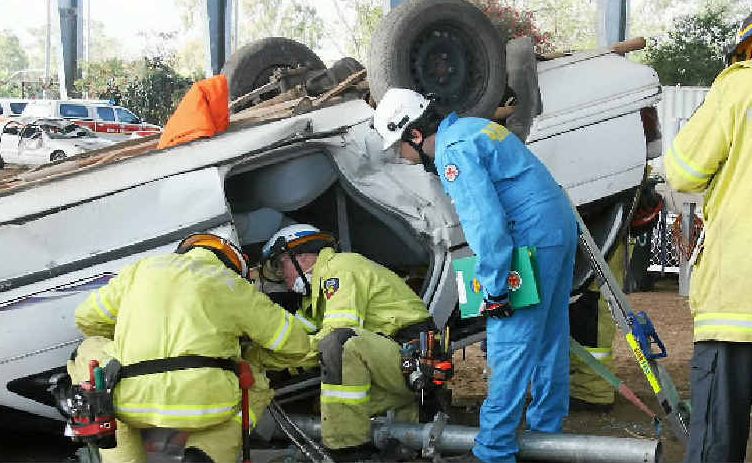 The Blackwater team work through an exercise at the Regional Road Crash Rescue Challenge in Rockhampton. The Blackwater team work through an exercise at the Regional Road Crash Rescue Challenge in Rockhampton.