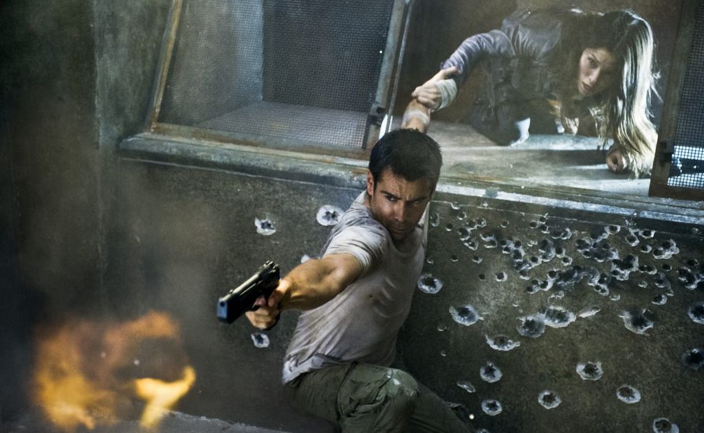 Colin Farrell and Jessica Biel in a scene from the movie Total Recall. Colin Farrell and Jessica Biel in a scene from the movie Total Recall.