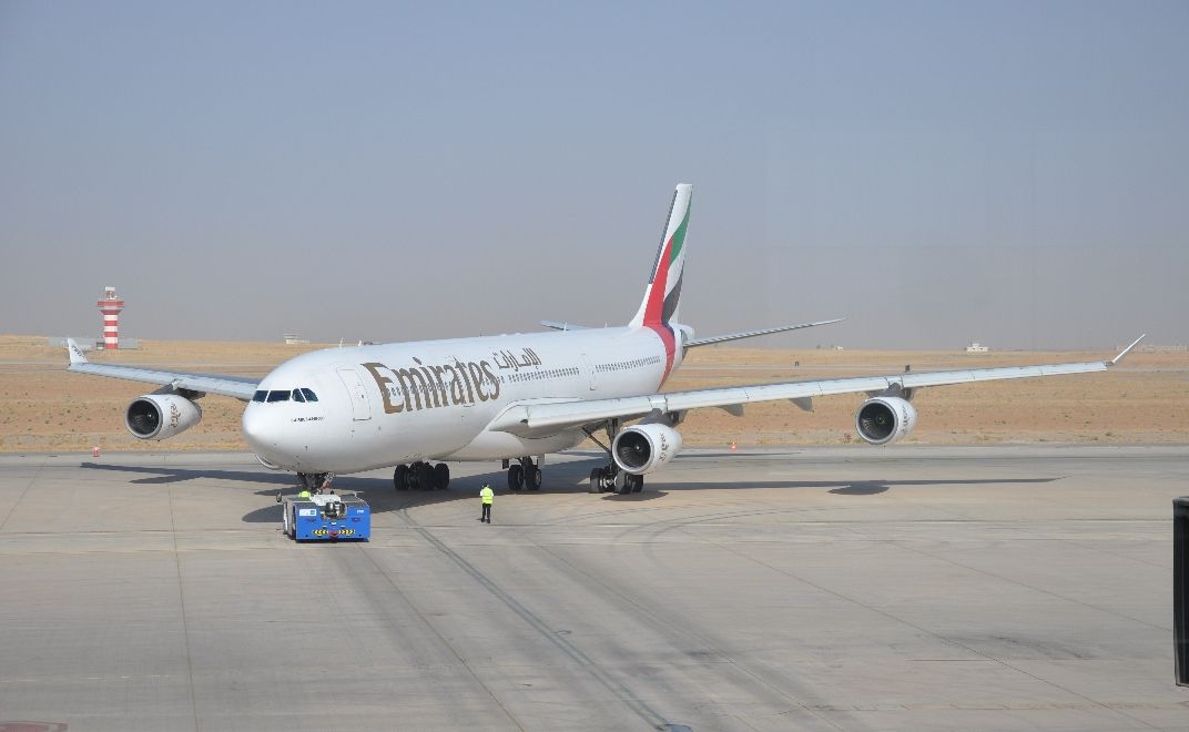 Emirates aircraft taxing in Erbil airport.
Emirates aircraft taxing in Erbil airport.