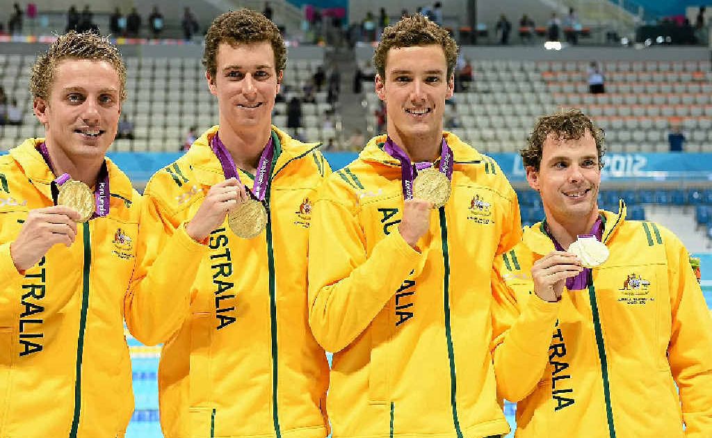 Gold medallists Matthew Cowdrey, Andrew Pasterfield, Blake Cochrane and Matthew Levy on the podium during the medal ceremony for the men's 4x100m freestyle relay. Gold medallists Matthew Cowdrey, Andrew Pasterfield, Blake Cochrane and Matthew Levy on the podium during the medal ceremony for the men's 4x100m freestyle relay.
