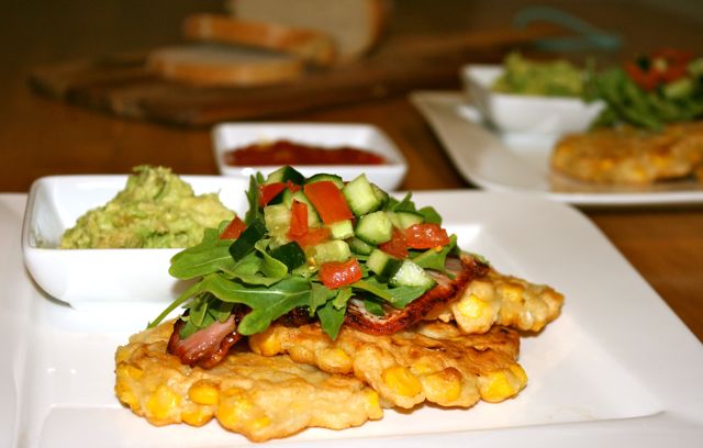 Miss Foodie's corn fritters with bacon, smashed avocado and salsa. Miss Foodie's corn fritters with bacon, smashed avocado and salsa.