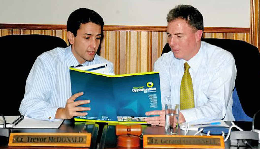 Local Government Minister David Crisafulli in the Fraser Coast Regional Council chambers with Mayor Gerard O’Connell. Local Government Minister David Crisafulli in the Fraser Coast Regional Council chambers with Mayor Gerard O’Connell.