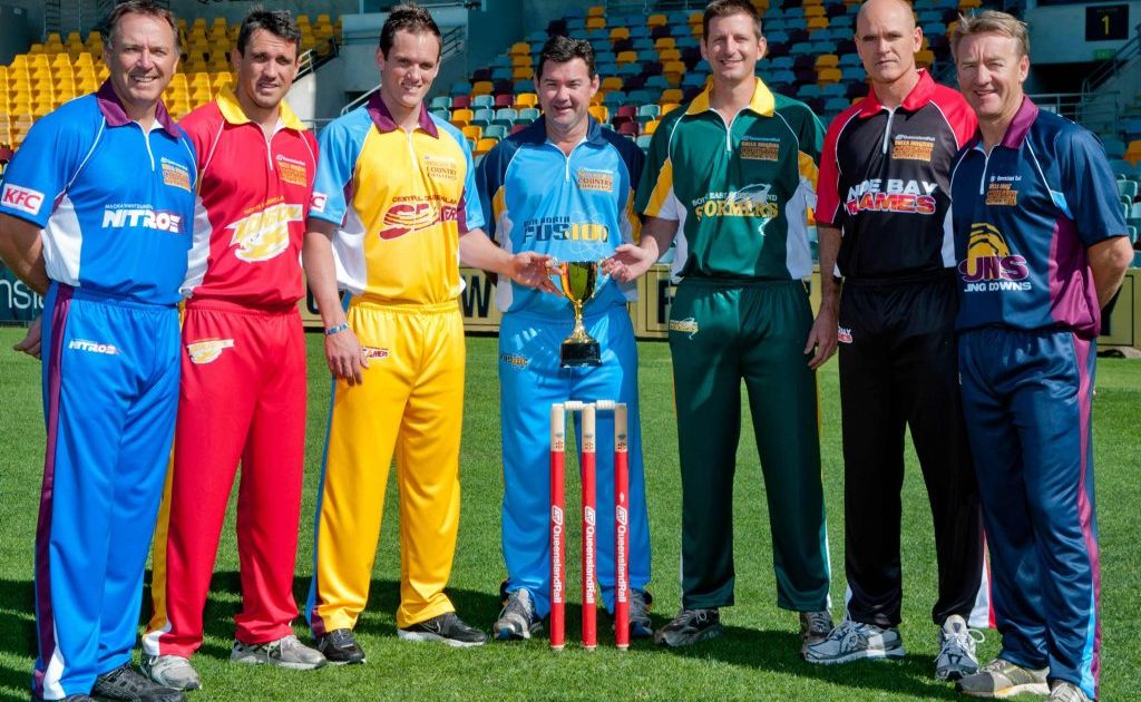 (L-R) Scott Prestwidge, Lee Carseldine, Chris Simpson, Jimmy Maher, Michael Kasprowicz, Geoff Foley & Andy Bichel with the inaugural Queensland Rail Bulls Masters Cup (L-R) Scott Prestwidge, Lee Carseldine, Chris Simpson, Jimmy Maher, Michael Kasprowicz, Geoff Foley & Andy Bichel with the inaugural Queensland Rail Bulls Masters Cup