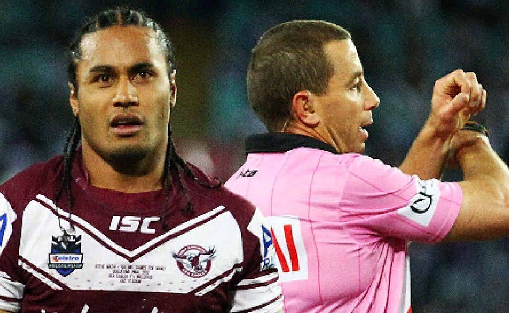 Manly’s Steve Matai is put on report for a high tackle during the Sea Eagles’ NRL qualifying final against Canterbury last Friday. Despite a long history of similar offences, Matai was suspended for only one week. Manly’s Steve Matai is put on report for a high tackle during the Sea Eagles’ NRL qualifying final against Canterbury last Friday. Despite a long history of similar offences, Matai was suspended for only one week.