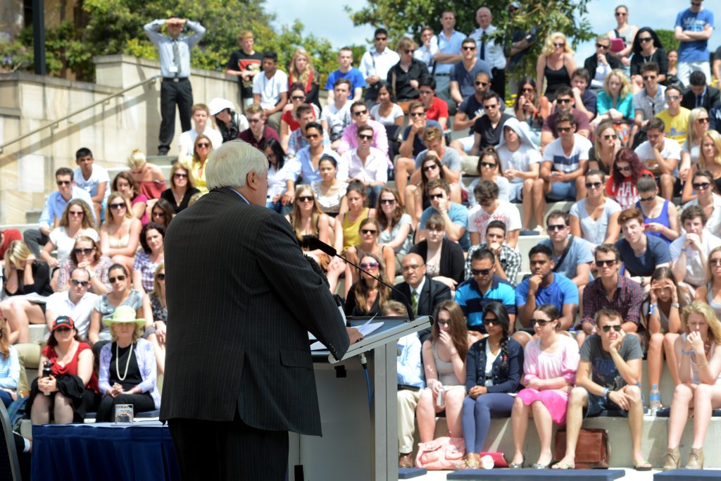 Queensland mining magnate Clive Palmer addresses students and staff at Bond University on the Gold Coast.