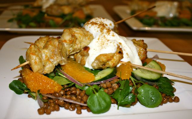 Miss Foodie's Cumin-spiced chicken skewers w orange and lentil salad.
Miss Foodie's Cumin-spiced chicken skewers w orange and lentil salad.