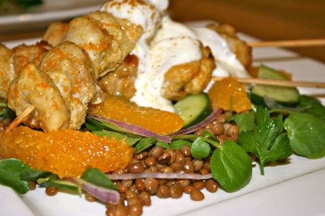 Miss Foodie's Cumin-spiced chicken skewers w orange and lentil salad.
Miss Foodie's Cumin-spiced chicken skewers w orange and lentil salad.
