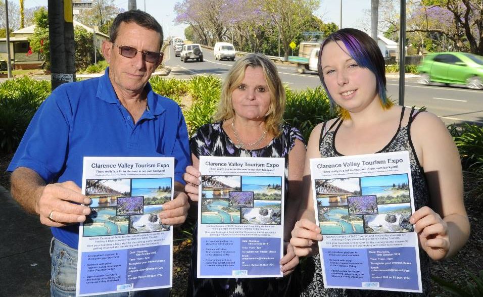 TAFE students studying certificate four in Grafton, from left, Bob White, of Tucabia, Kathy Wood, of Grafton, and Amy Hall, of Coutts Crossing, are promoting the Clarence Valley Tourism Expo. Photo JoJo Newby / The Daily Examiner TAFE students studying certificate four in Grafton, from left, Bob White, of Tucabia, Kathy Wood, of Grafton, and Amy Hall, of Coutts Crossing, are promoting the Clarence Valley Tourism Expo. Photo JoJo Newby / The Daily Examiner