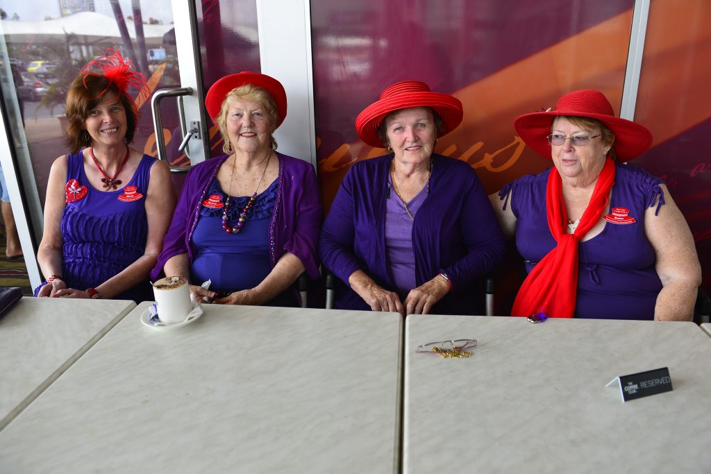 (L-R) Lady Dragonfly Narelle, Lady Pimrose Rosemary, Grand Duchess of Summerset Pam and Grand Duchess Daphne from the Red Hat Tropicanas enjoying lunch at The Coffee Club. (L-R) Lady Dragonfly Narelle, Lady Pimrose Rosemary, Grand Duchess of Summerset Pam and Grand Duchess Daphne from the Red Hat Tropicanas enjoying lunch at The Coffee Club.