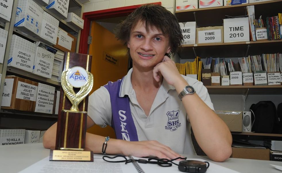 Aldridge State High School student Kerrod Appleyard has won the Apex state championship award for public speaking. Aldridge State High School student Kerrod Appleyard has won the Apex state championship award for public speaking.