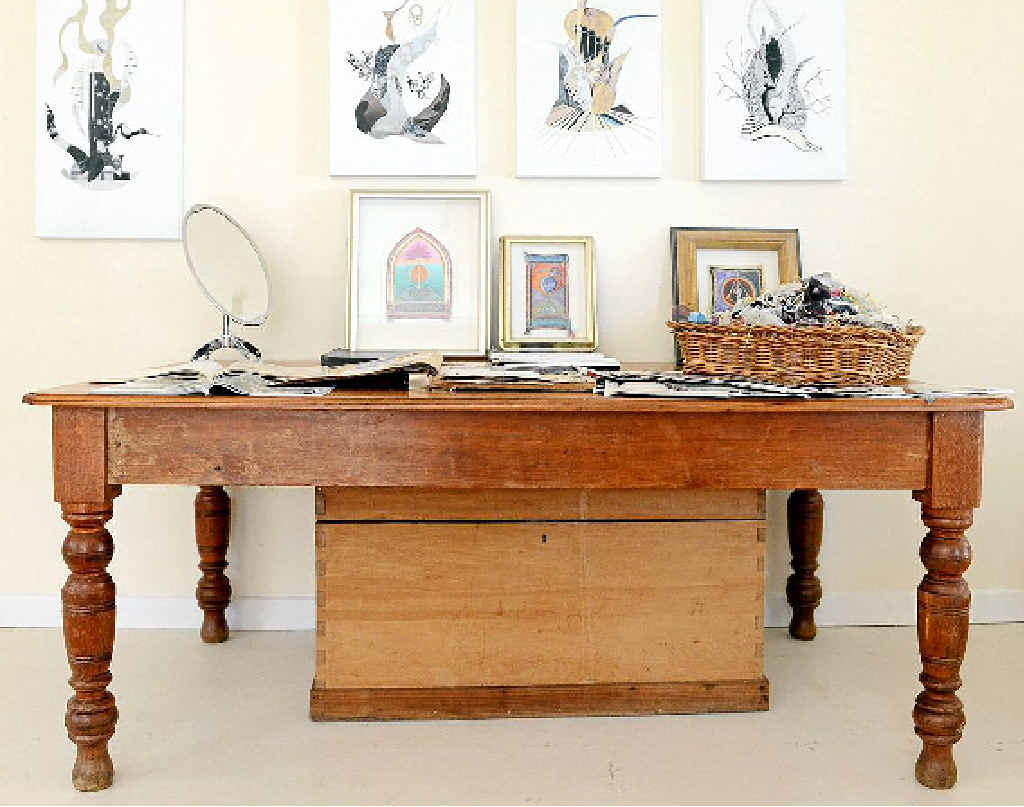 A beautiful old Baltic pine table in Gowan’s studio. A collection of Gowan's work can be seen on the table and white walls. A beautiful old Baltic pine table in Gowan’s studio. A collection of Gowan's work can be seen on the table and white walls.